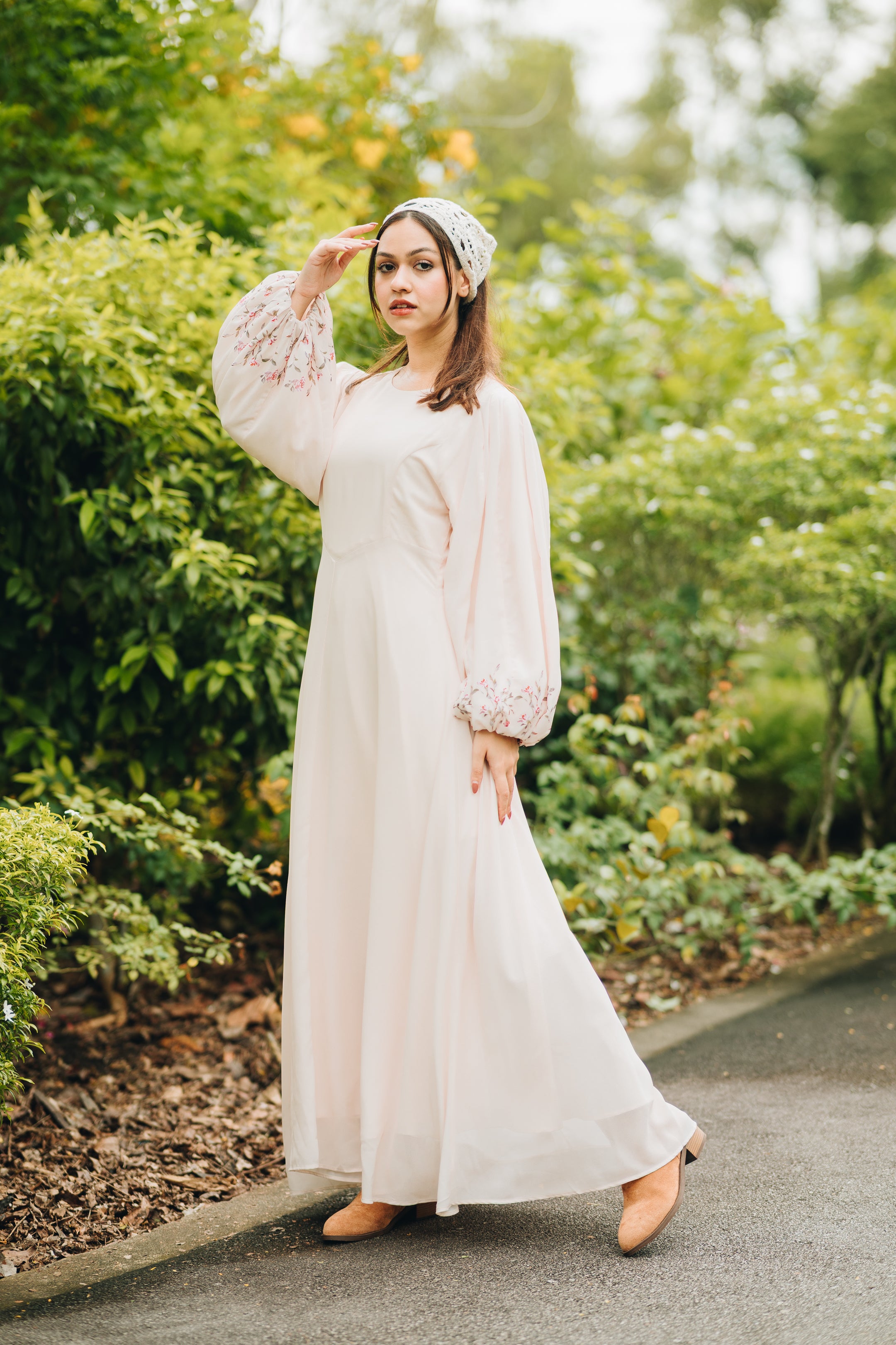 Rosette Chiffon Dress in Cream