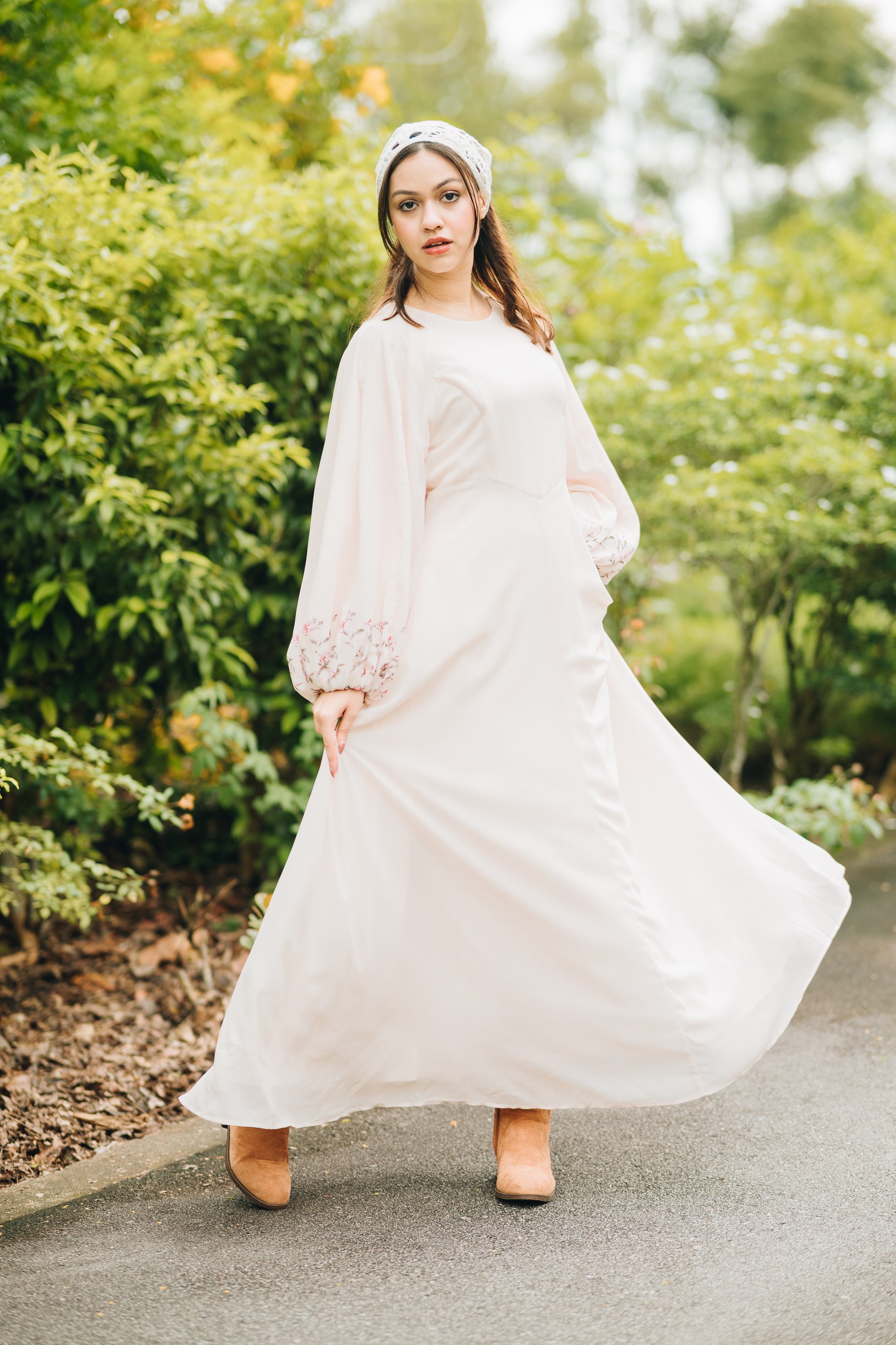 Rosette Chiffon Dress in Cream