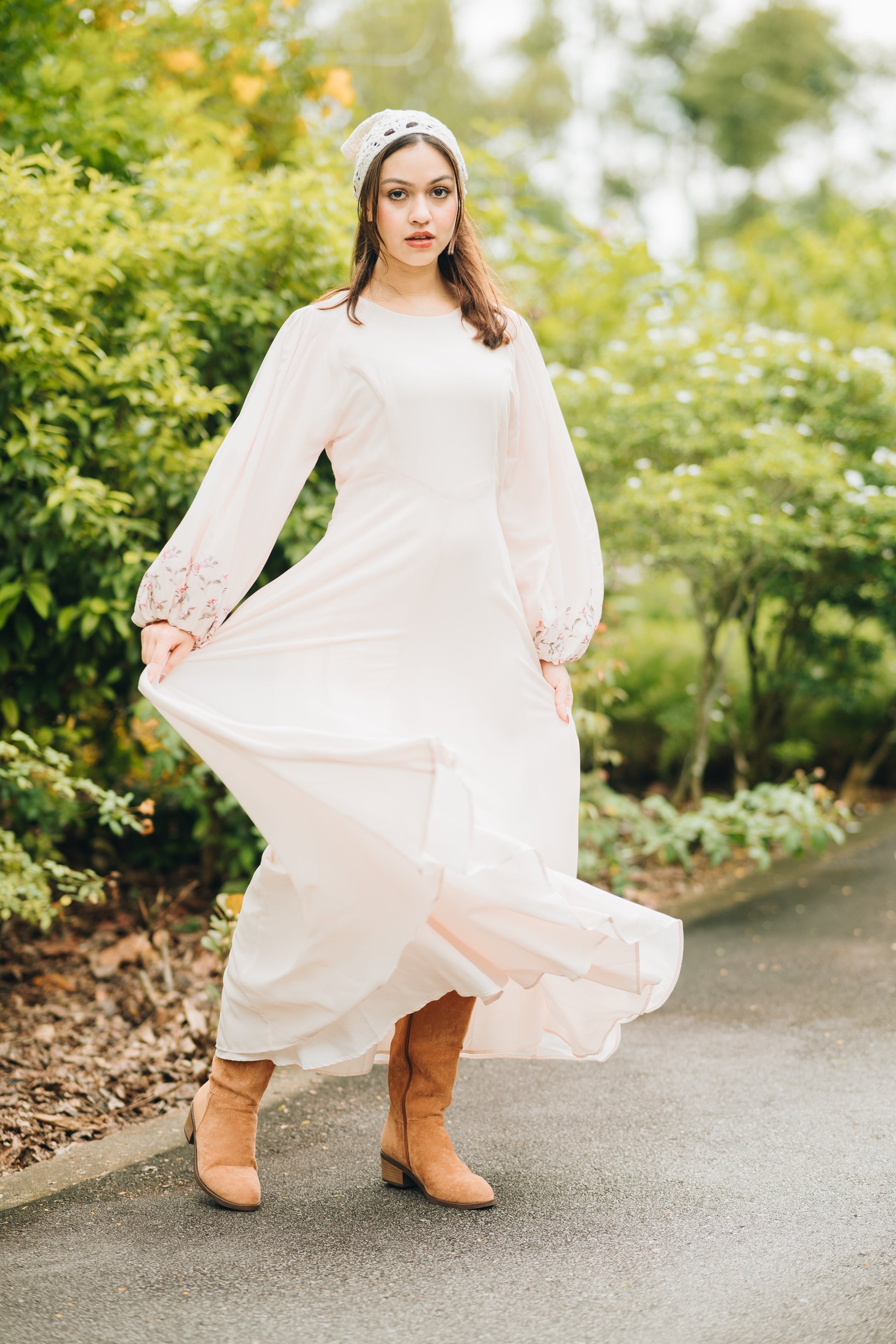 Rosette Chiffon Dress in Cream