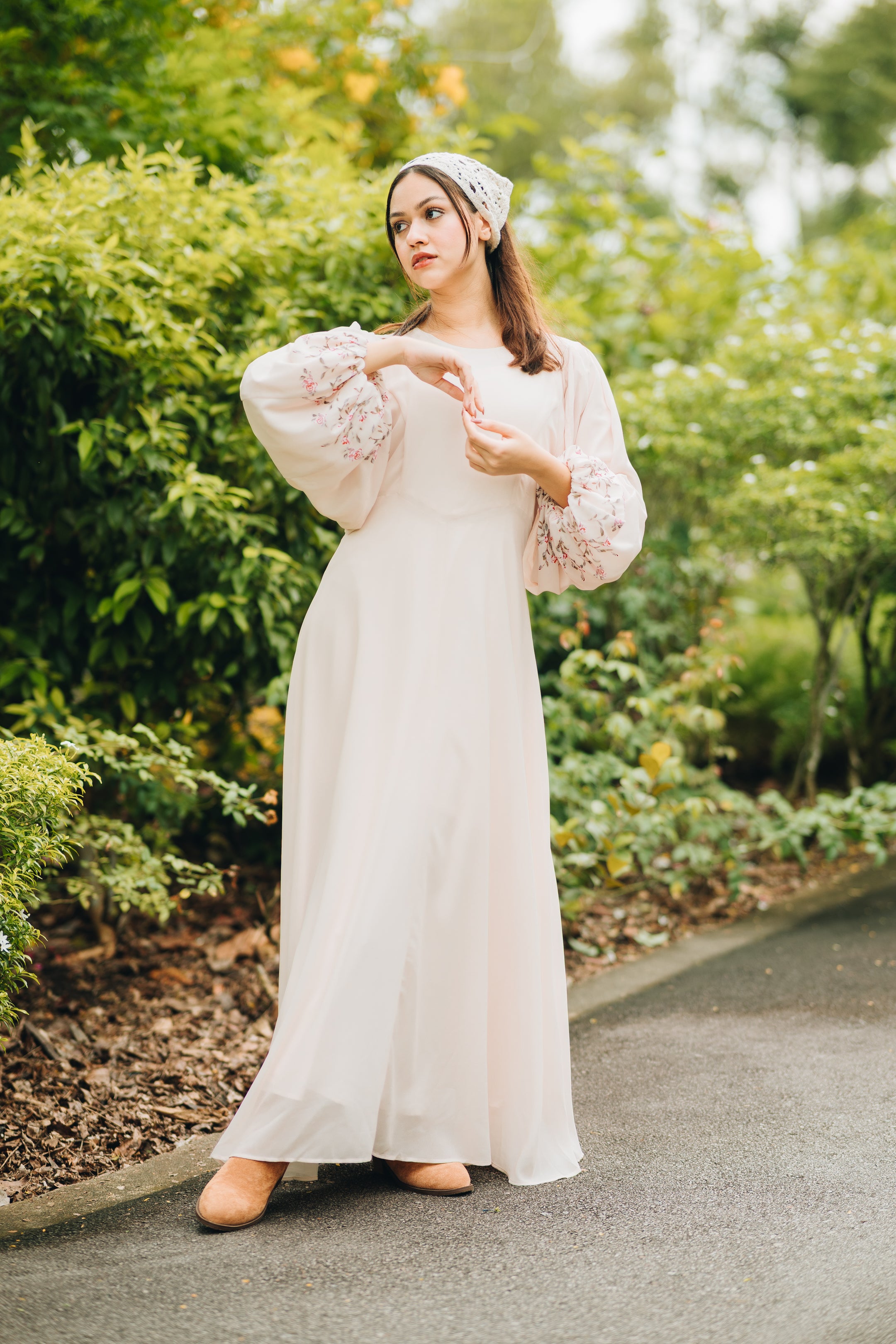 Rosette Chiffon Dress in Cream